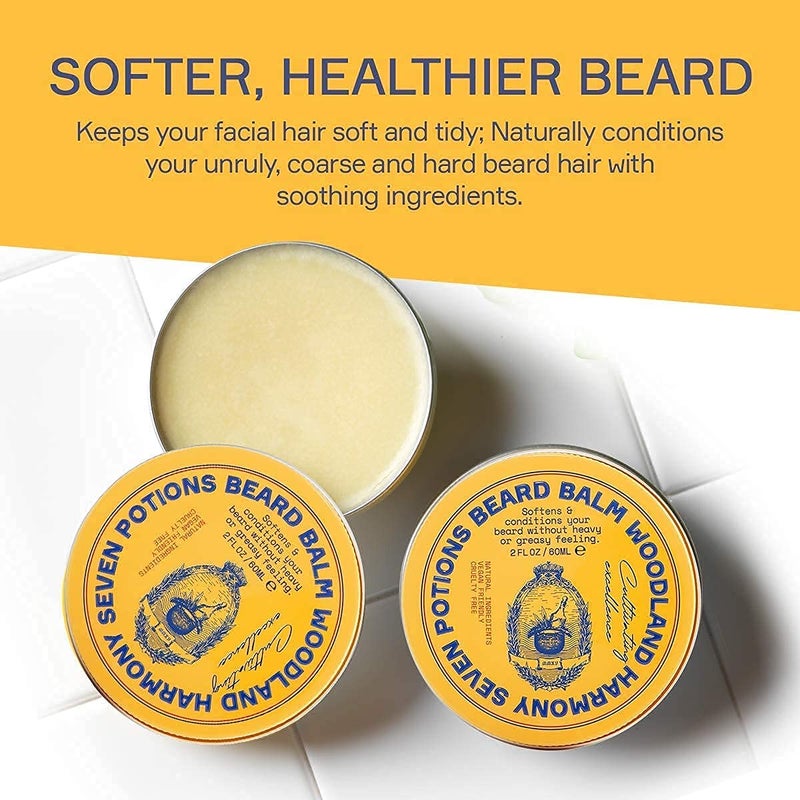 Seven Potions Beard Balm 2 oz. 100% Natural Softener with Jojoba Oil - Nourishes, Softens, Stops Itch, and Leaves Healthy Shiny Beard (Woodland Harmony) - Image 2